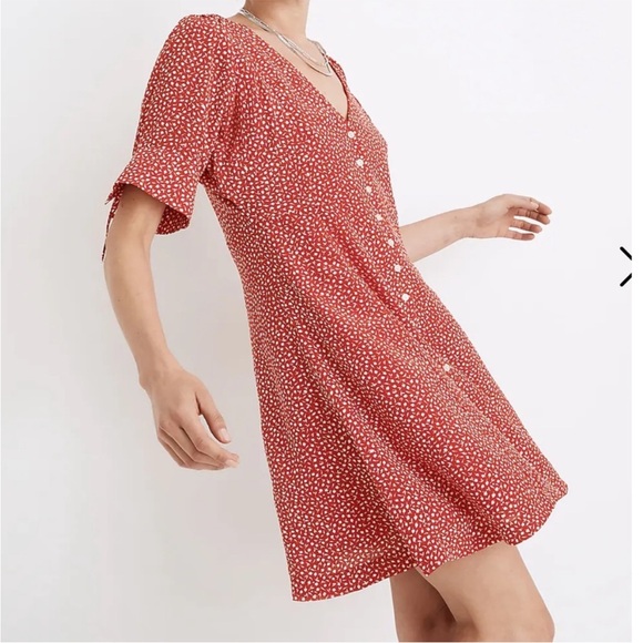 Madewell 100% Silk Floral Print Red Mini Dress Park Picnic size 8 retro boho - Picture 10 of 12